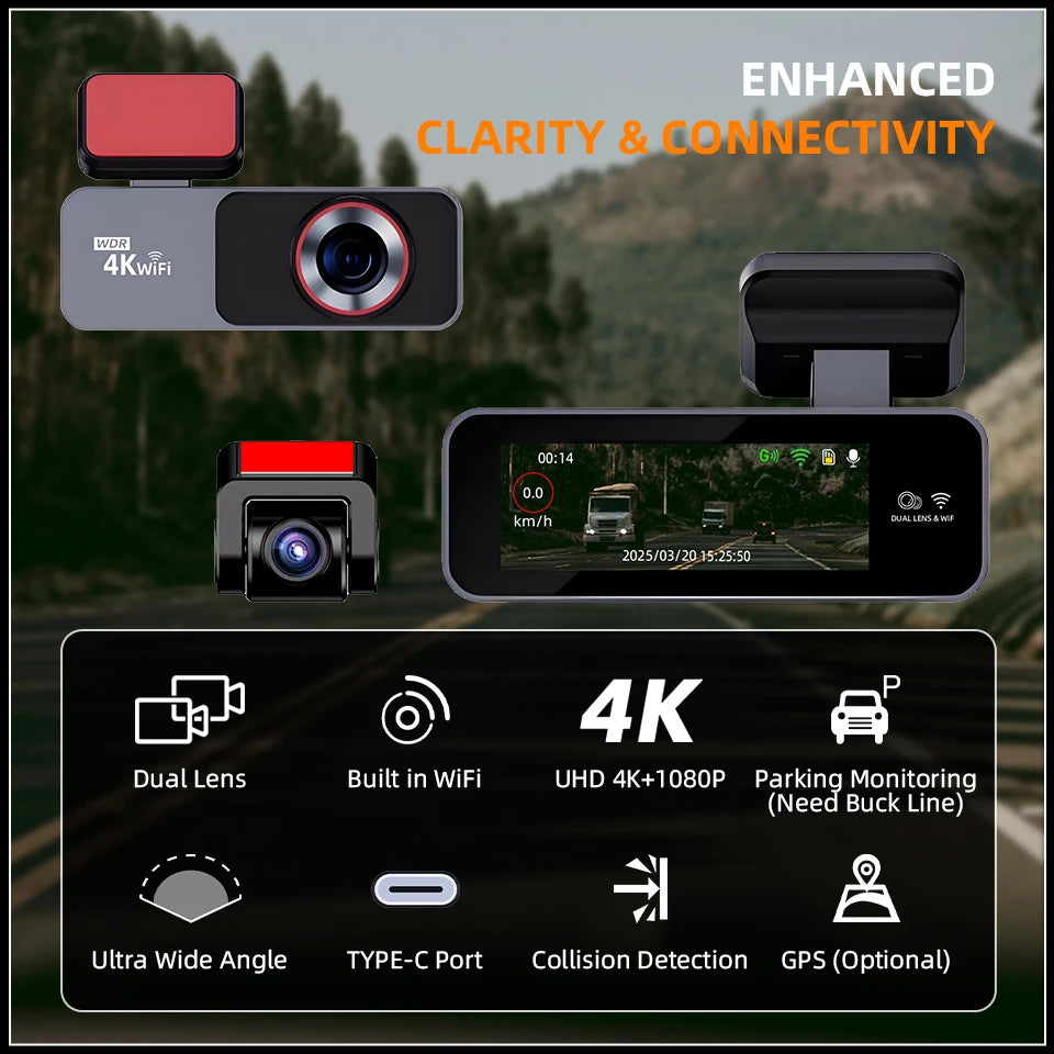 ACCEO B63 4K Dashcam &ndash; Dual Lens Night Vision GPS Parking