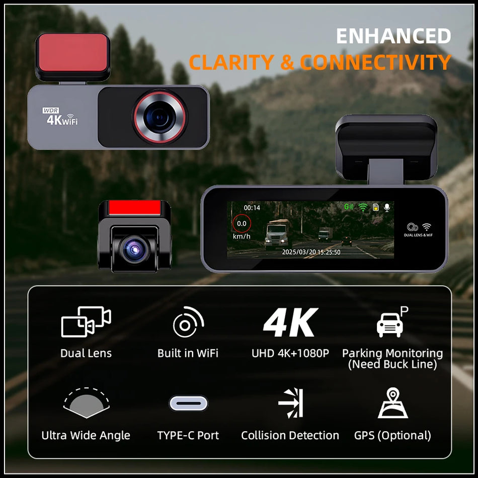 ACCEO B63 4K Dashcam &ndash; Dual Lens Night Vision GPS Parking