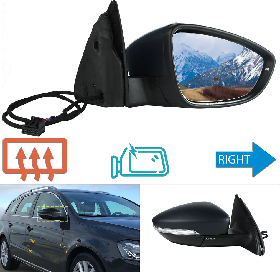 VW Passat B7 Electric Heated Wing Door Mirror Assembly, Right Side, Primed