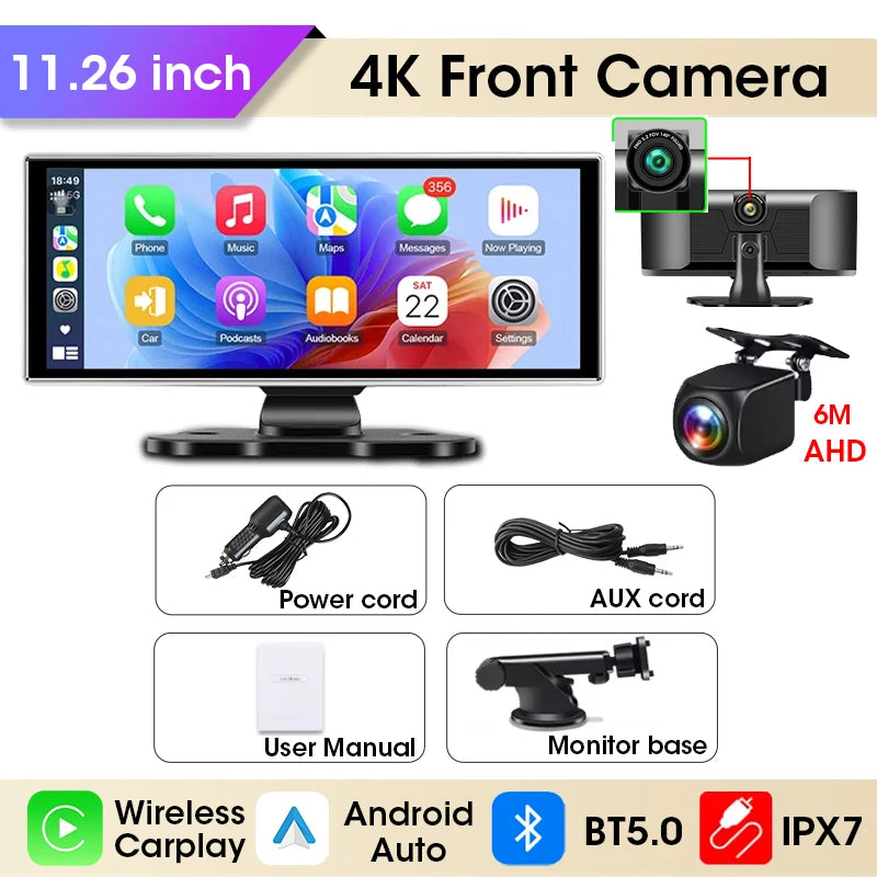 11.26 Inch Dash Cam 4K Car DVR &ndash; Wireless Carplay and Android Auto with Dual Lens and GPS Navigation 4K DVR 6m Camera / No TF Card