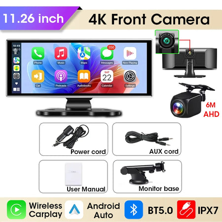 11.26 Inch Dash Cam 4K Car DVR &ndash; Wireless Carplay and Android Auto with Dual Lens and GPS Navigation 4K DVR 6m Camera / No TF Card