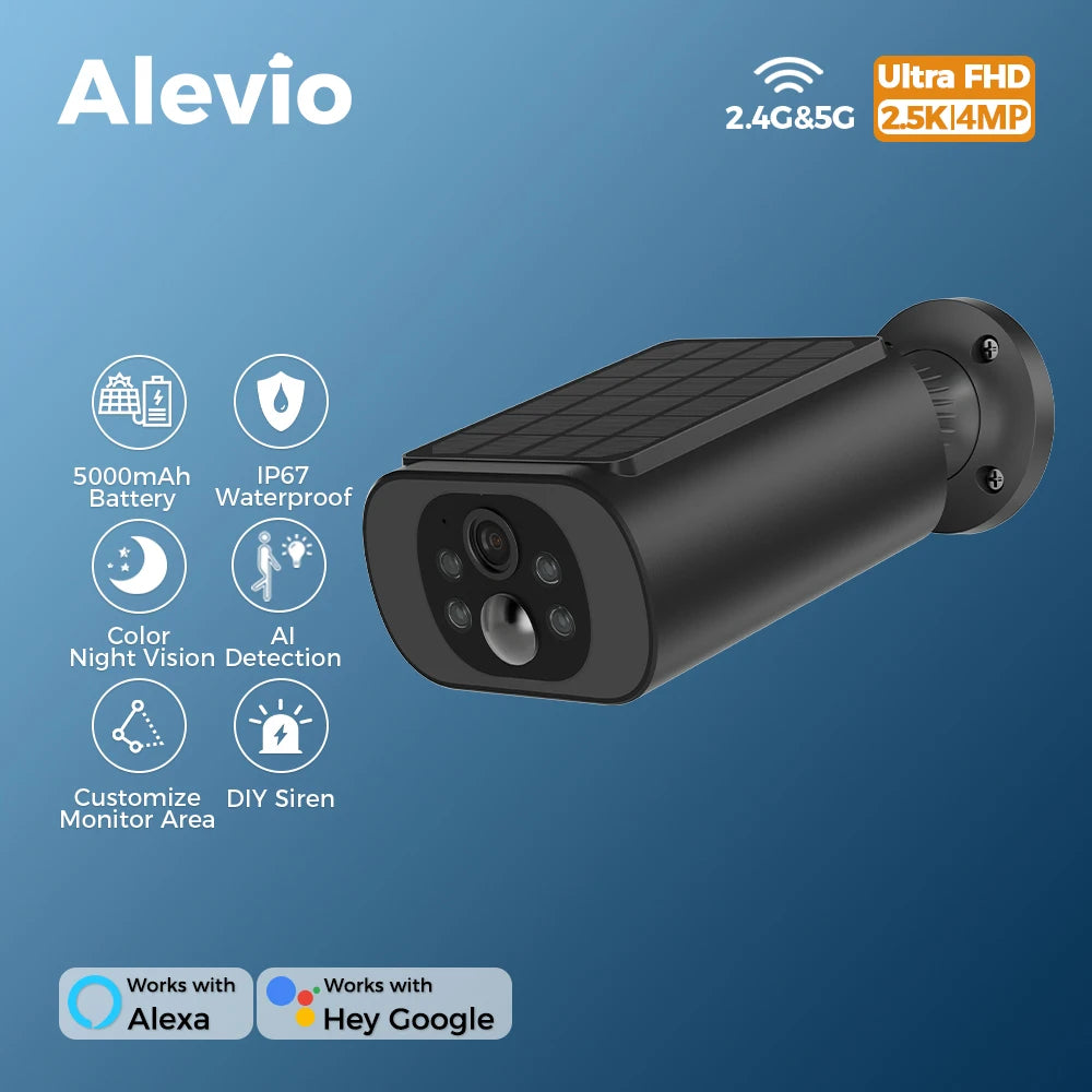 ALEVIO Solar Camera Outdoor WIFI  Wireless Security Cam 2.5K Ultra Standby Time PIR Light Color Night Vision AI Detect CCTV Cam