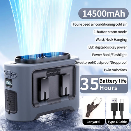 Socoolfan 14500mAh Portable Outdoor Fan &ndash; Strong Dual Air Vents for Travel and Sports 14500mAh Grey