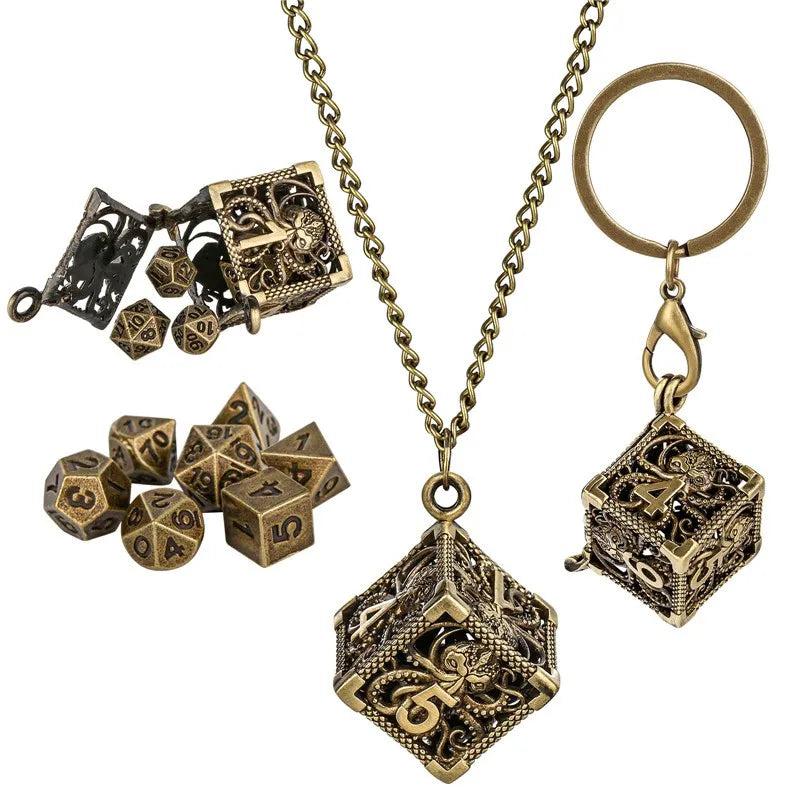 Mini Metal Polyhedral Dice Pendant Necklace With D6 Octopus Storage Box