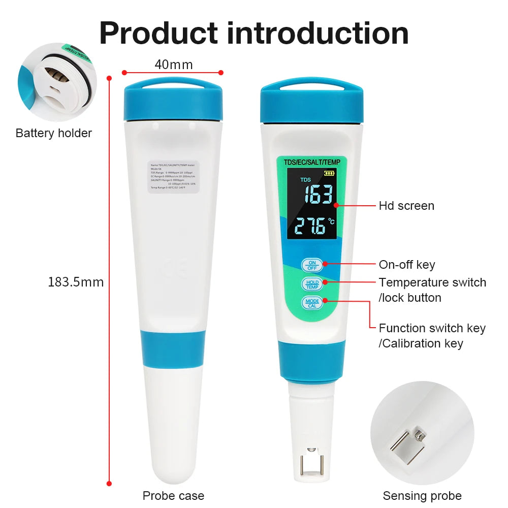 SAL107SA06 &ndash; 4 In 1 TDS EC Salt Temp Water Tester Pro Blue