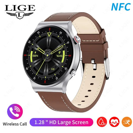LIGE ECG PPG Bluetooth Call Smart Watch &ndash; AMOLED Full Touch leather silver / NFC