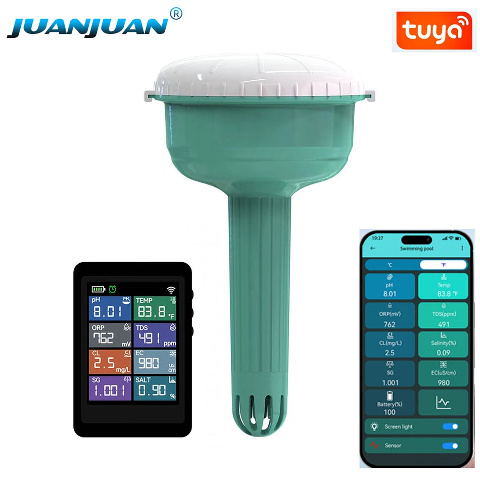 Tuya WiFi Floating Water Monitor Chlorin Meter Smart Online Pool Water Detector 7 in 1 PH Chlorine EC TDS Salt ORP TEMP Tester