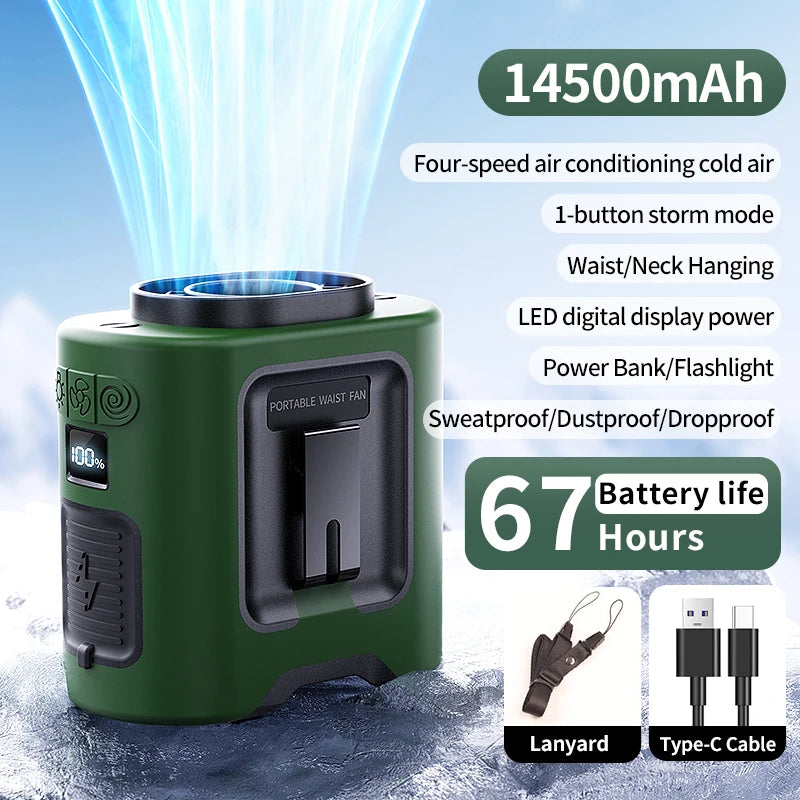 Socool 14500mAh Portable Waist Fan &ndash; 360&deg; Rotating Design with Strong Wind 14500mAh Green