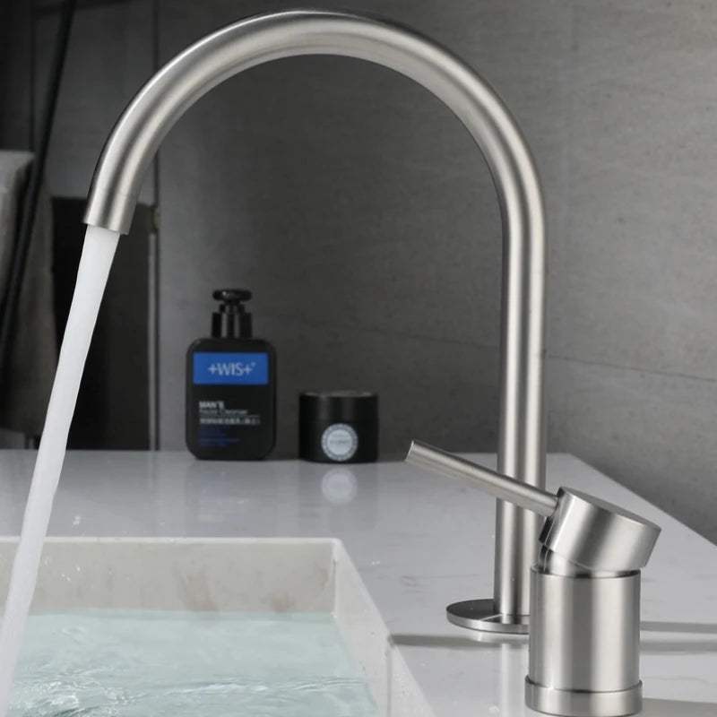 Brushed Gold Stainless Steel Basin Faucet With 360° Rotating Spout, Deck-Mounted