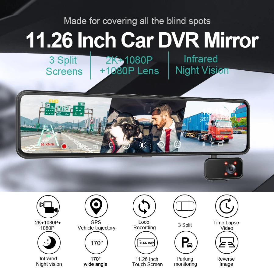 ACCEO 2.5K Dash Cam Mirror 12In 3-Channel &ndash; Night Vision