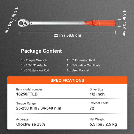 Torque Wrench Set &ndash; Dual Direction Adjustable 25-250 ft-lb / france
