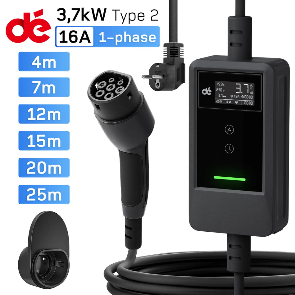 Portable Type 2 EV Charger, 3.7kW, 16A, 1-Phase, LED Screen