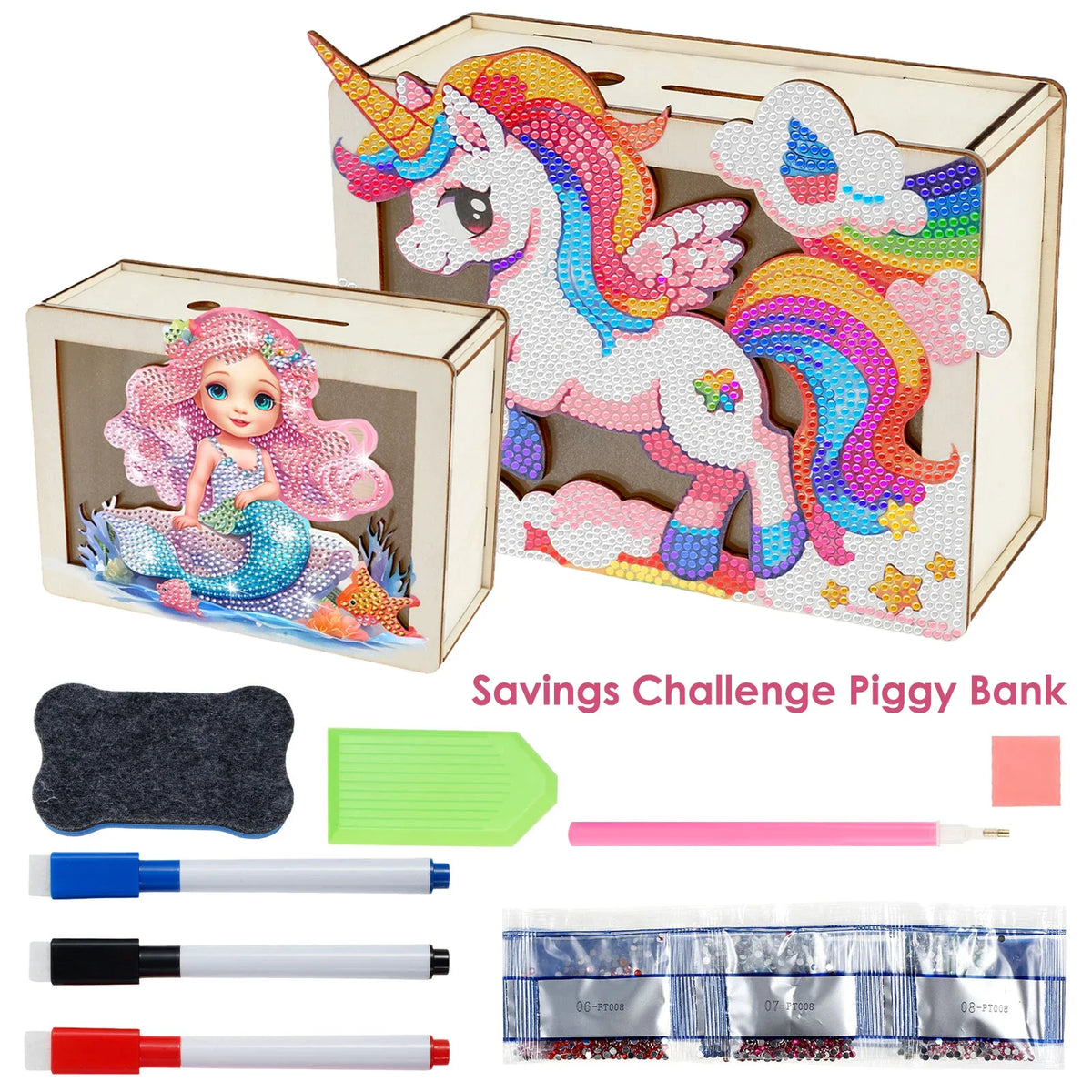 DIY Mermaid/Unicorn Wooden Piggy Bank with Diamond Painting &amp; Savings Goals