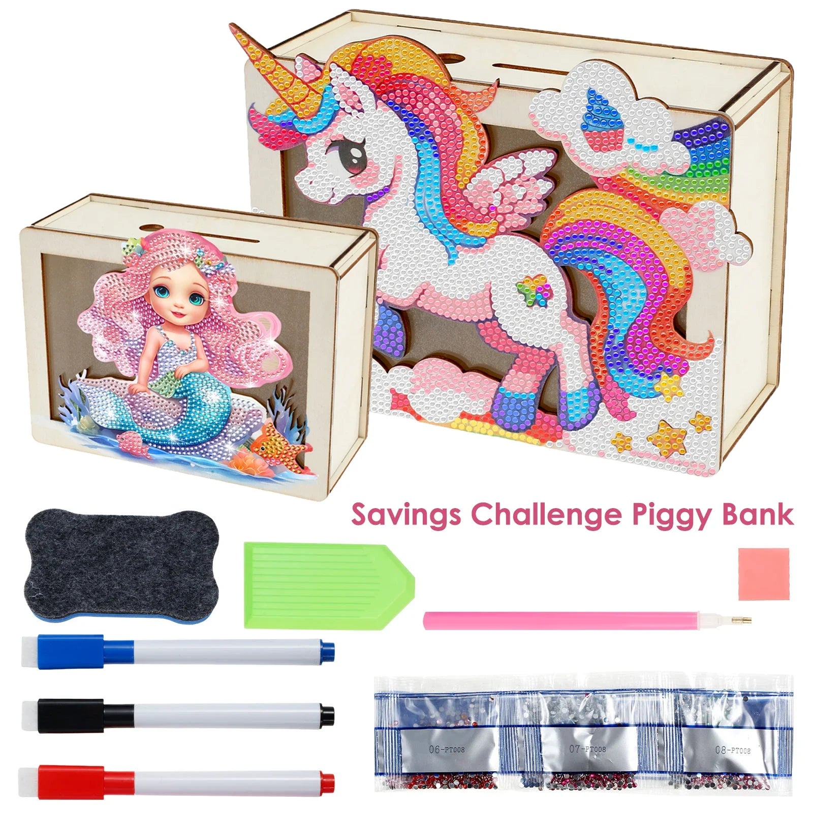 DIY Mermaid/Unicorn Wooden Piggy Bank with Diamond Painting &amp; Savings Goals