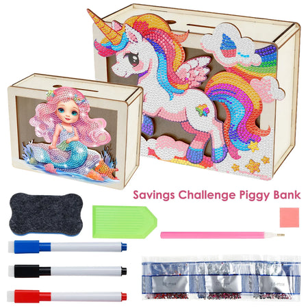 DIY Mermaid/Unicorn Wooden Piggy Bank with Diamond Painting &amp; Savings Goals