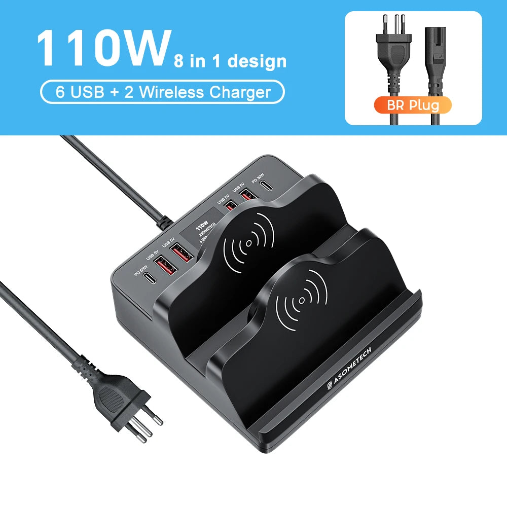 ASOMETECH 110W 6 Port USB Charger Station &ndash; Dual Fast Wireless Charging BR Plug