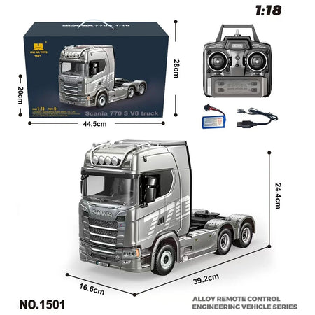 Huina 1501 770S Alloy Tractor 19CH RC Truck - 19-Channel Realistic Light And Sound GRAY