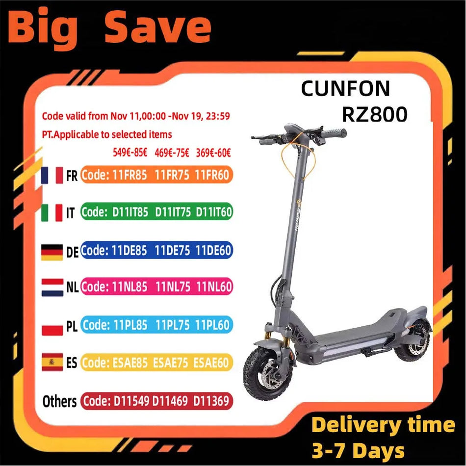 CUNFON RZ800 Ηλεκτρικό Σκούτερ, 1200W Κινητήρας, 48V 18Ah Μπαταρία, 10.5 Ίντσες Ελαστικά