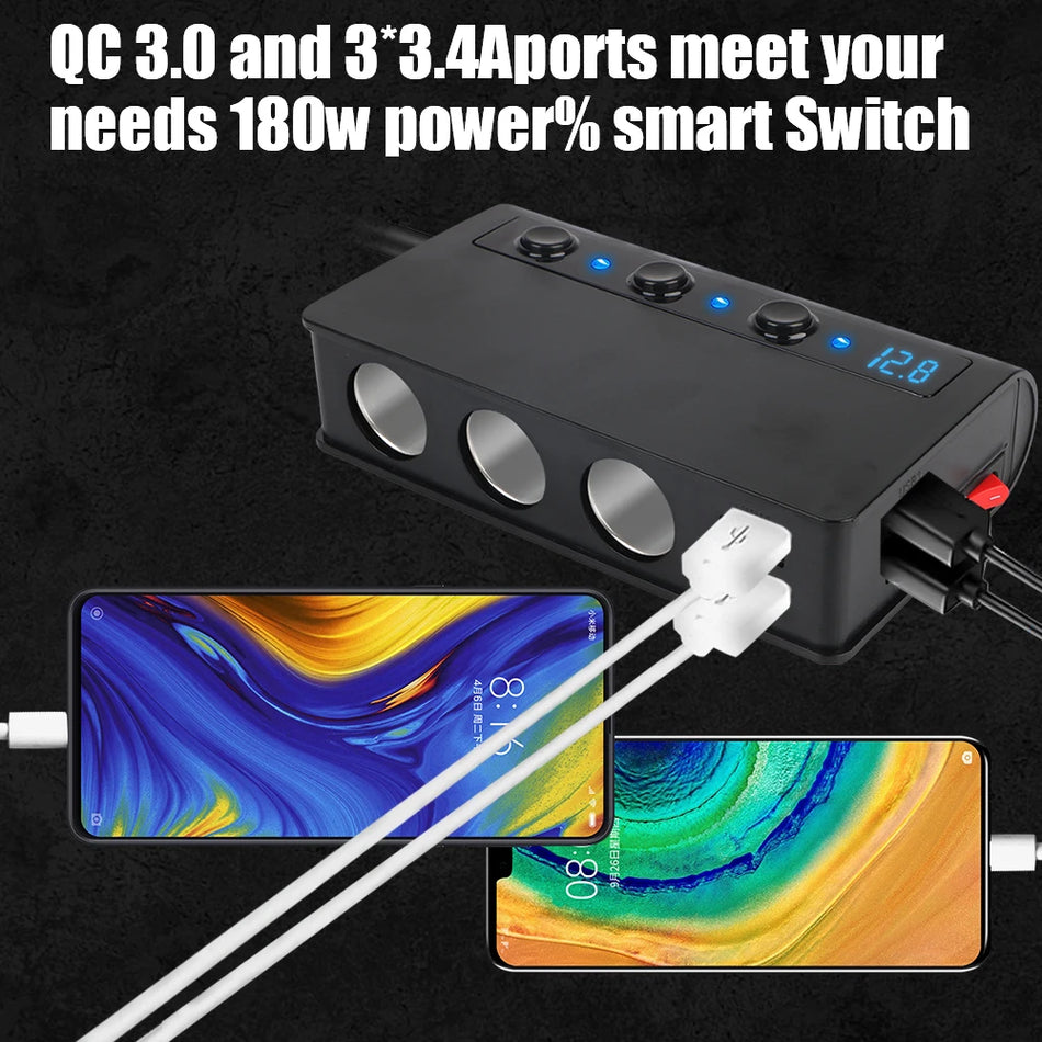 Automobilinis Įkroviklis Lizdai 4+3 Prievadai USB 3.0 180W Pultas Su Nepriklausomu Jungikliu