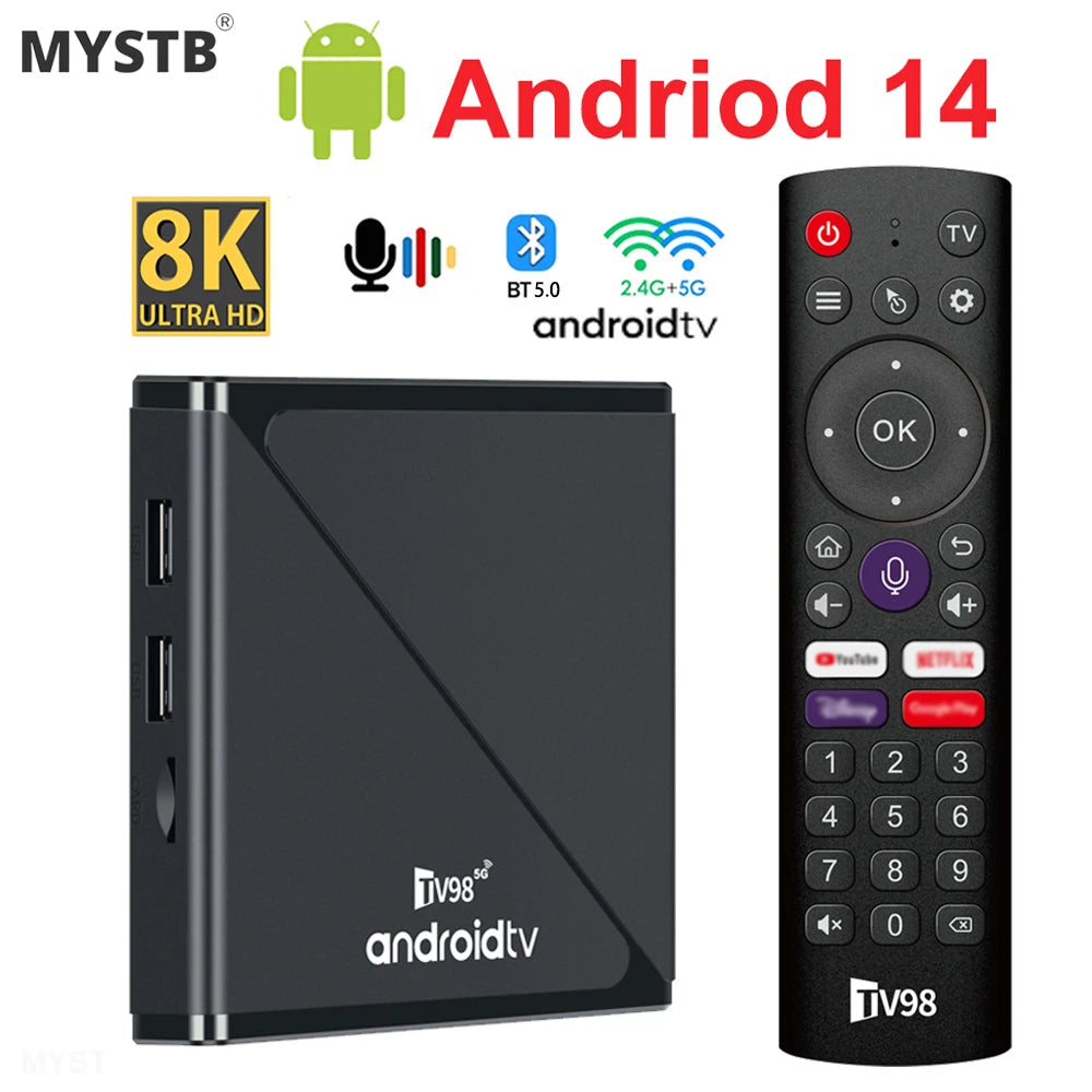 MYSTB Android 14 8K Quad Core Smart TV Box with Voice Remote and Dual Wifi
