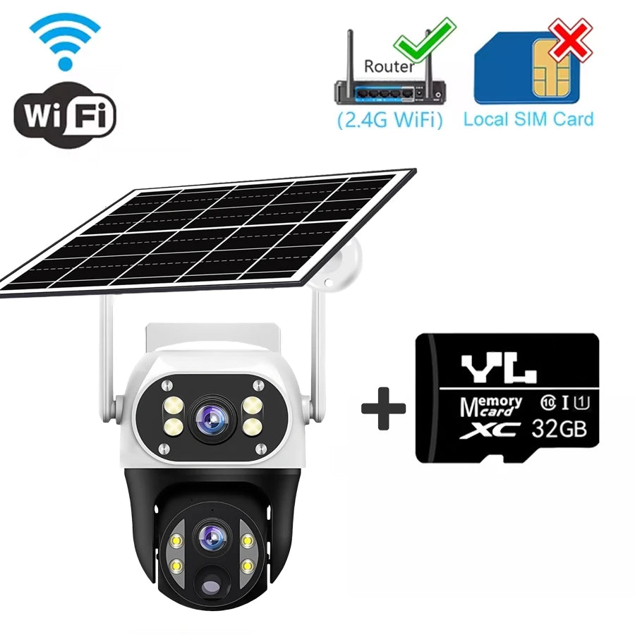 V380 12MP 3 Lens WiFi IP Solar Camera PIR Human Detection Night Vision Waterproof Security Video Camara 6K Battery CCTV Monitor WIFI Cam 32G Card