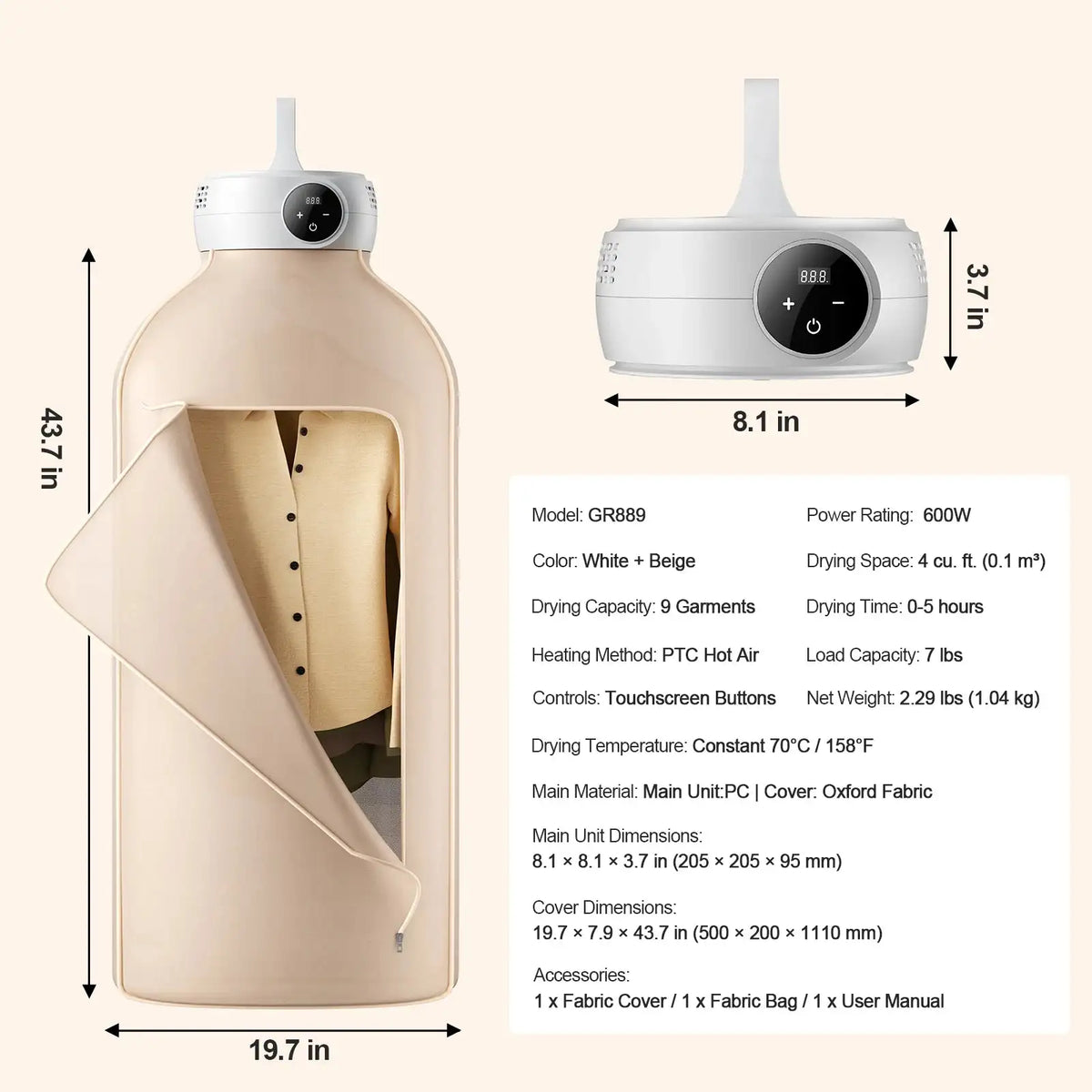 Portable Clothes Dryer 600W Foldable With Led Timer