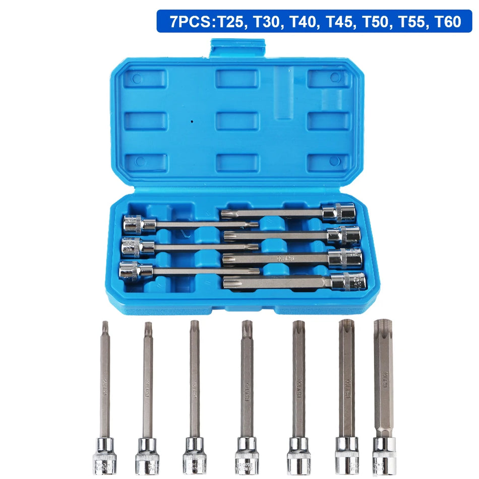 Extra langer Torx-Bit-Steckschlüssel-Satz, 3/8 Zoll Antrieb, 110mm, Chrom-Vanadium