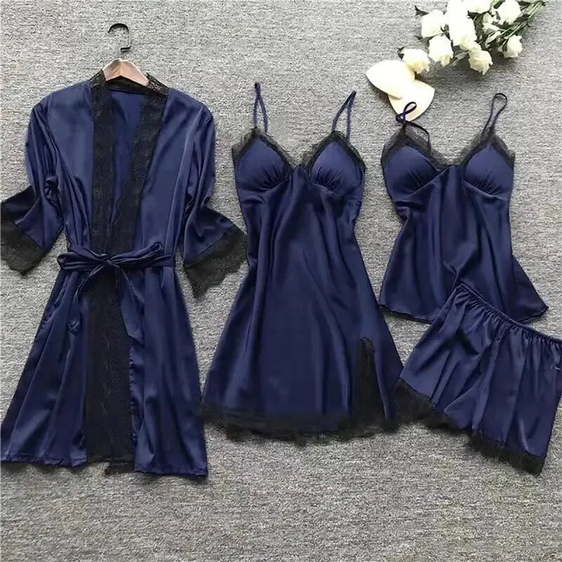 Silk Pajamas Set - 4PCS for All Seasons with Lace and Stylish Belt ZY09 / 4XL