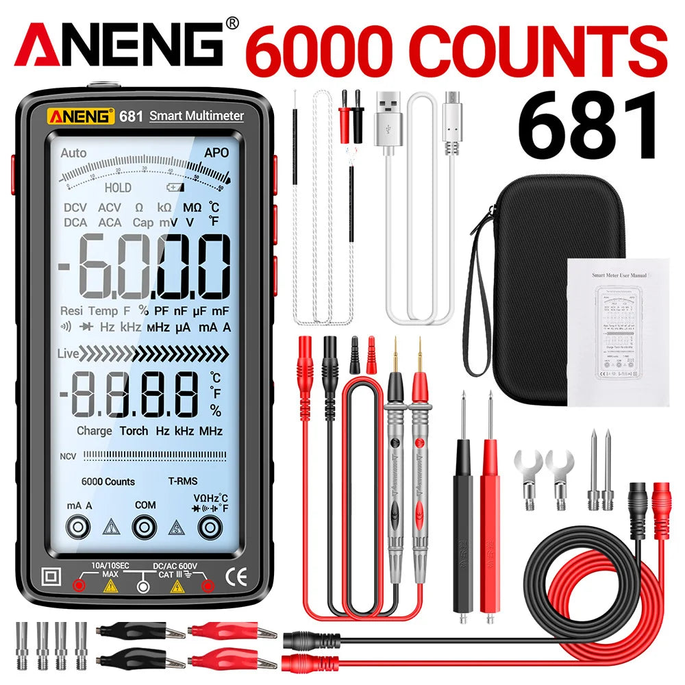 ANENG 681 Rechargeable Digital Multimeter - Non-Contact Voltage Tester with LCD Display 681 Black Pro