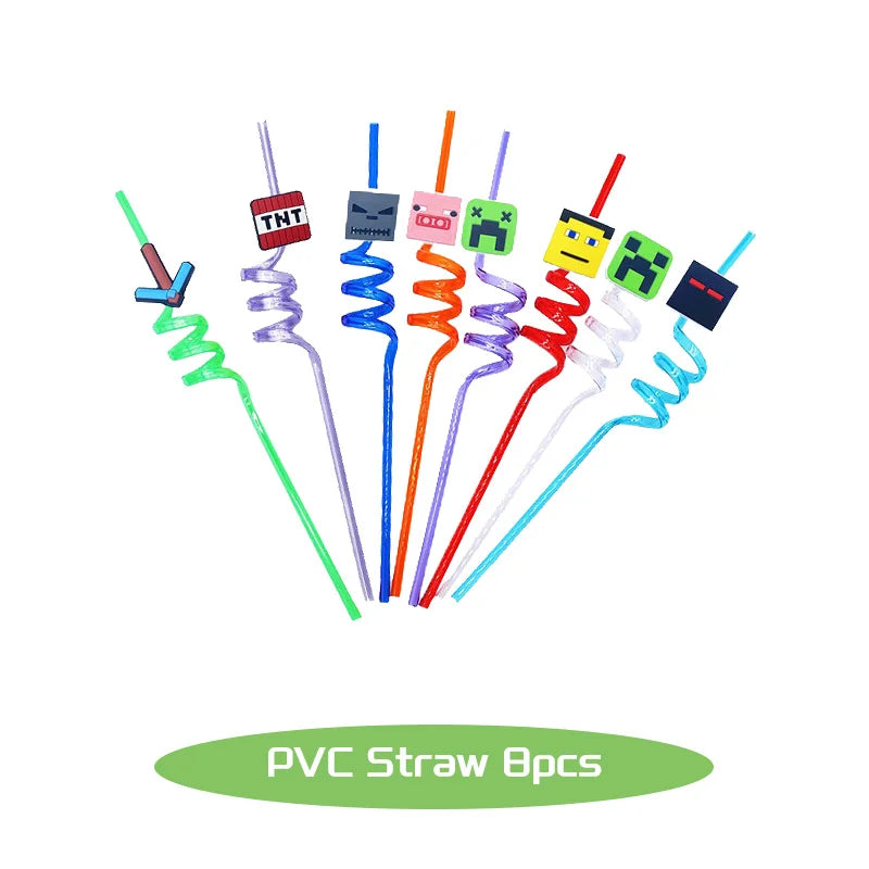 Birthday Party Cartoon Game Tableware Set for Kids 8pcs straws