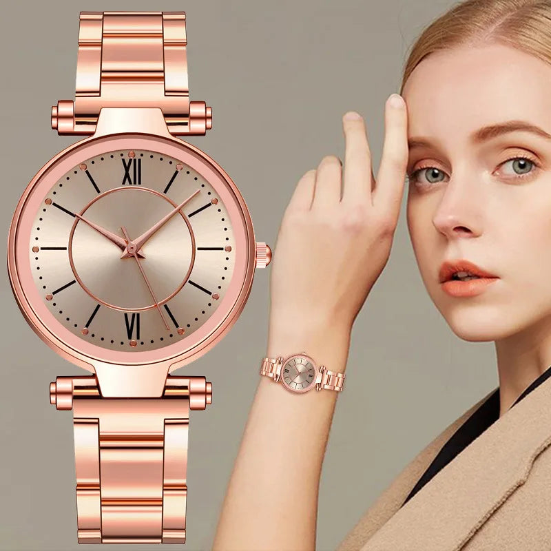 🟠 Роскошные розовые золотые часы из нержавеющей стали женщины классические круглые циферблаты Quartz Watch Women Business Brстопишные часы Reloj