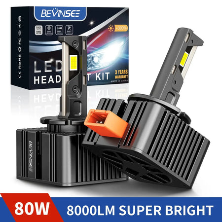 Bevinsee LED Headlight Bulbs D3S D3R Canbus 12V 6000K 8000LM