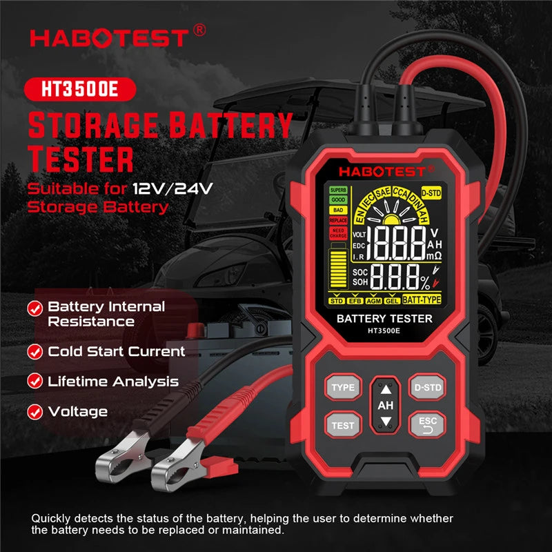 Testador de Baterias HT3500E 12V/24V com Ecrã Colorido para Lítio e Chumbo-Ácido