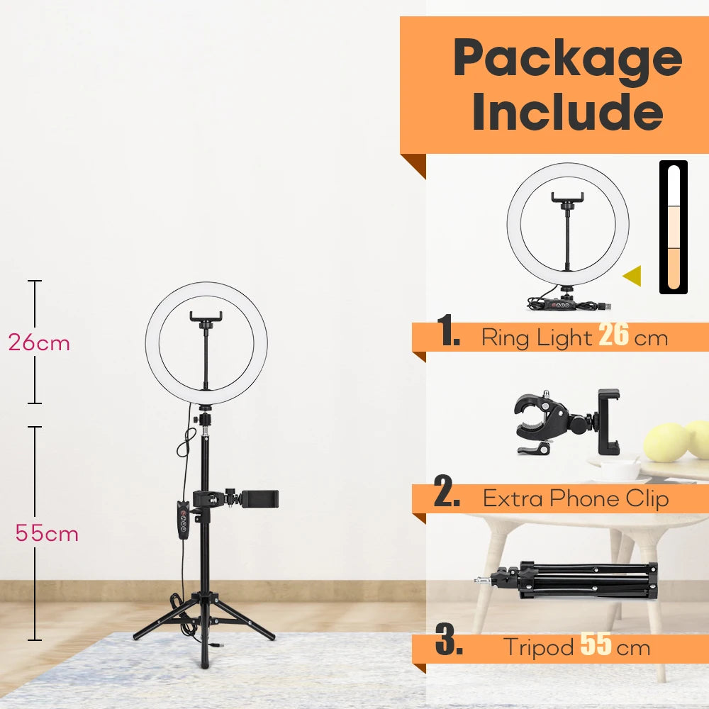 Professional Tripod with LED Ring Light for Phone and Camera 26cmLamp 55cm Stand