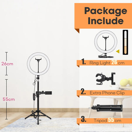 Professional Tripod with LED Ring Light for Phone and Camera 26cmLamp 55cm Stand