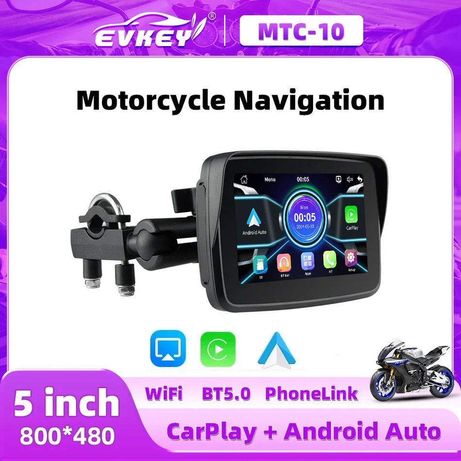 EVKEY 5.0inch Portable Motorcycle Navigation Display Screen &ndash; Wireless CarPlay and Android Auto