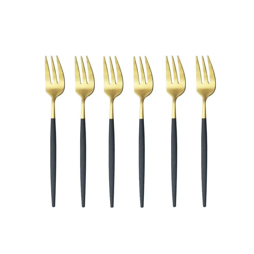 6Pcs Stainless Steel Matte Cake Fork Set &ndash; Elegant Gold Tableware Black Gold