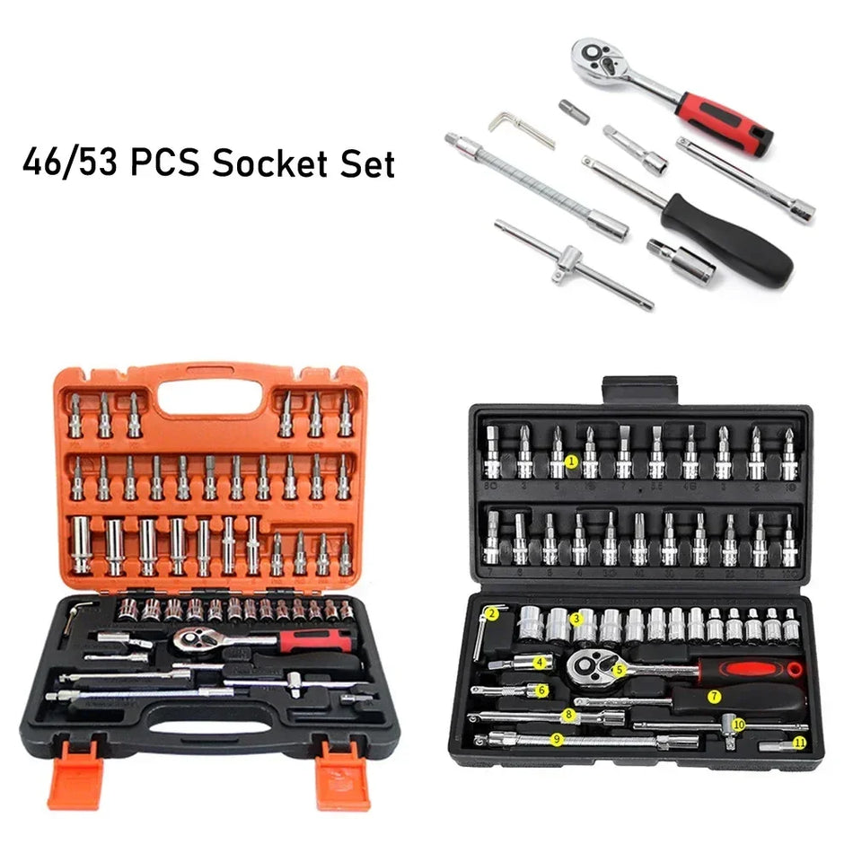 46/53 Piece Car Repair Tool Kit - Socket, Ratchet, Torque Wrench Combo
