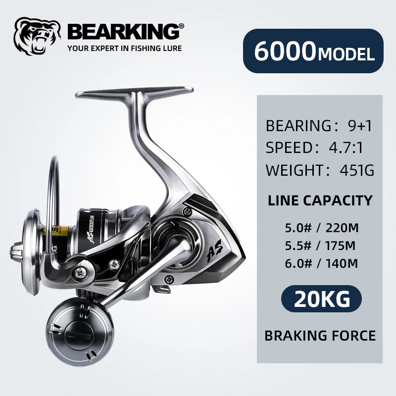 BEARKING Saltwater Fishing Reel - 1000-6000 Series, 9+1BB, 5.2:1 Gear Ratio, 10-20KG Drag, Water-Proof 6000 / 9