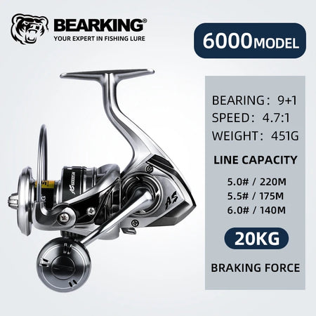 BEARKING Saltwater Fishing Reel - 1000-6000 Series, 9+1BB, 5.2:1 Gear Ratio, 10-20KG Drag, Water-Proof 6000 / 9