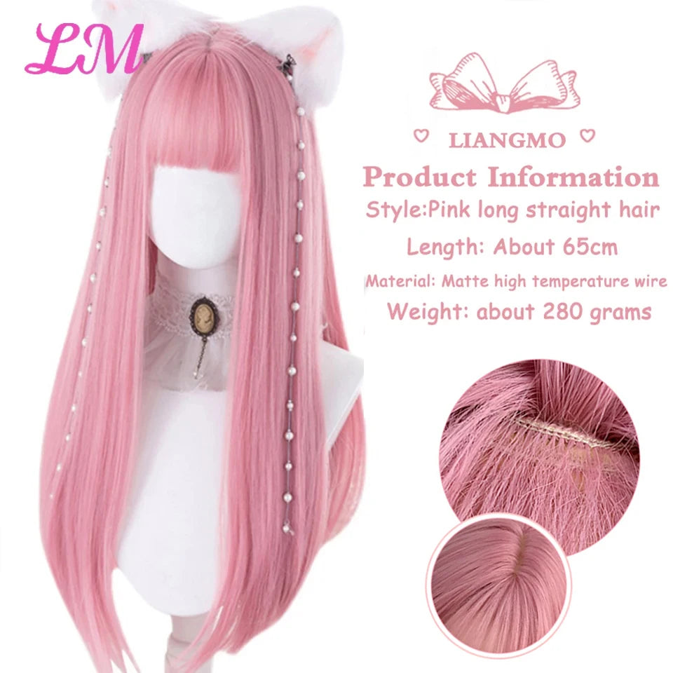 LIANGMO 24-Inch Heat-Resistant Pink Straight Wig with Bangs