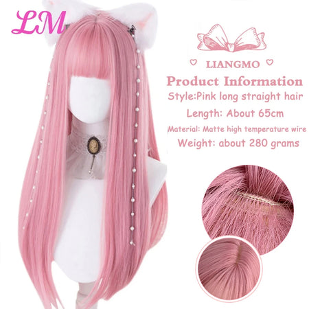 LIANGMO 24-Inch Heat-Resistant Pink Straight Wig with Bangs
