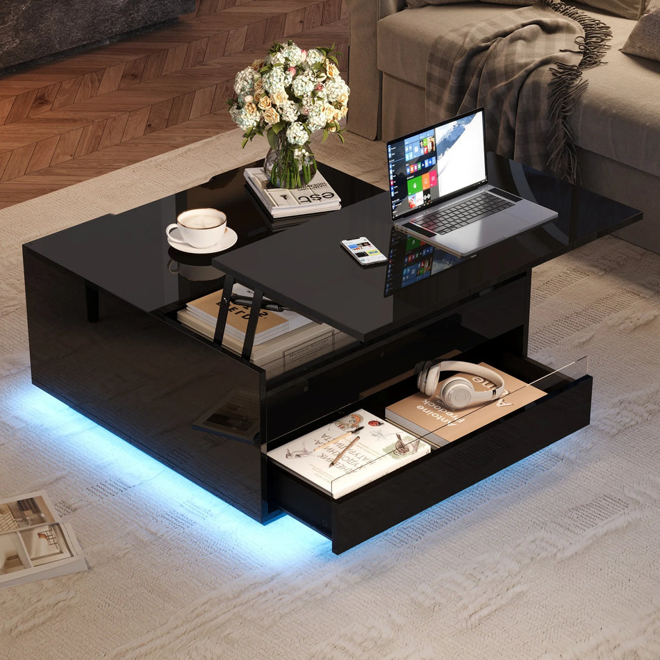 Table basse LED levable 70x70x38 cm avec tiroir brillante