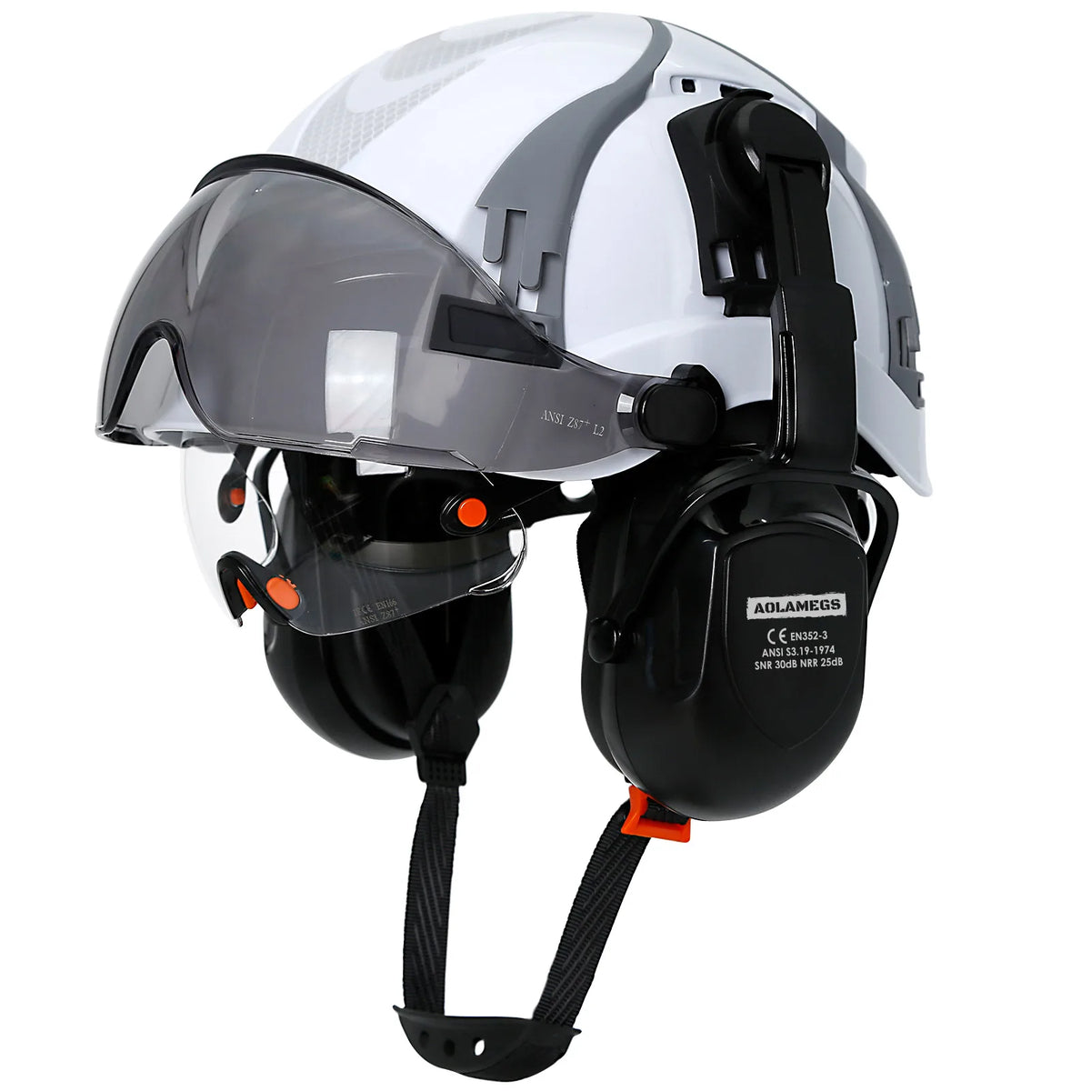 CE Safety Cap With Vent Slots &ndash; Integrated Goggles Earmuffs White Set A