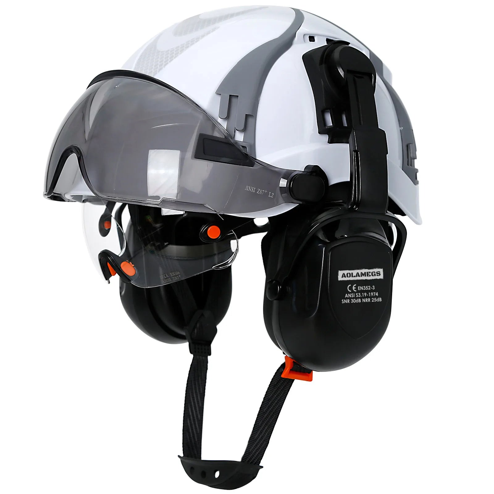 CE Safety Cap With Vent Slots &ndash; Integrated Goggles Earmuffs White Set A