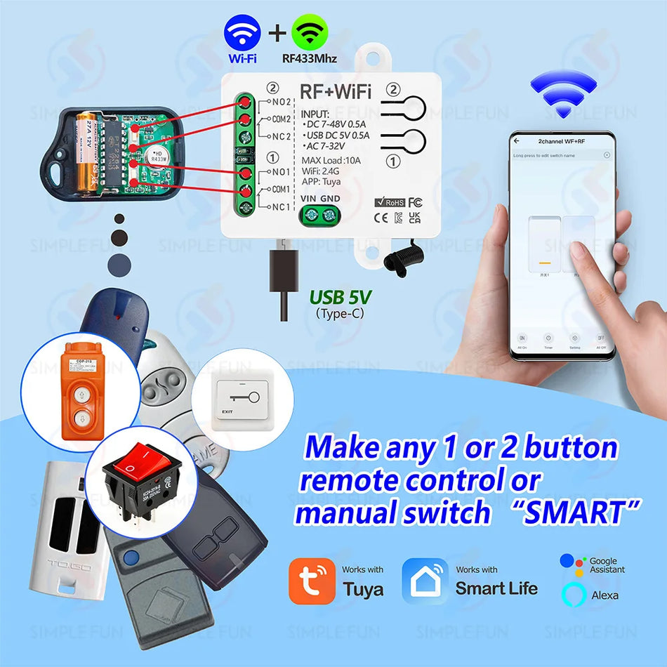 Interruttore remoto per motore a 2 canali WiFi RF433MHz Tuya per apriporta da garage