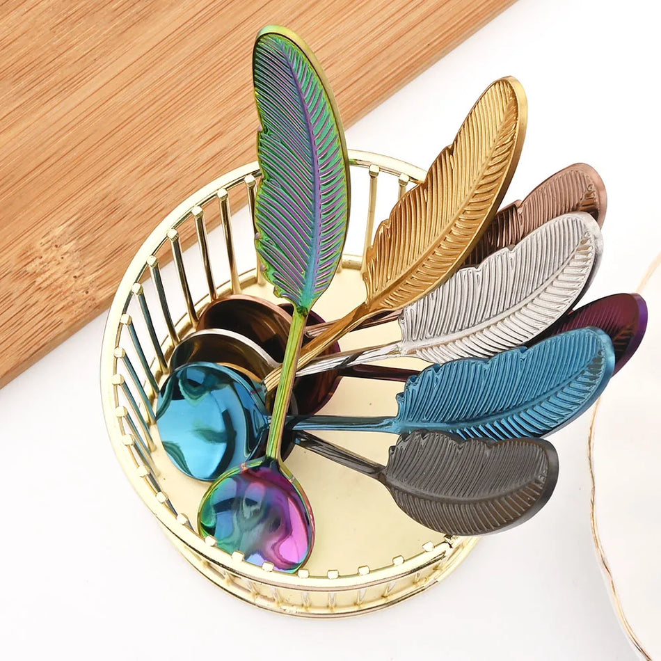 Colorful Feather Stainless Steel Spoon Set &ndash; Creative Design for Desserts