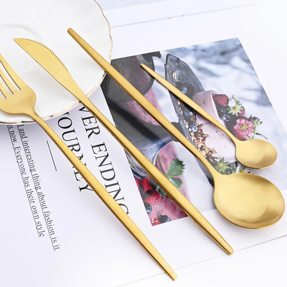 KNGZI 16Pcs Gold Matte Cutlery Set &ndash; Eco-Friendly Stainless Steel Design