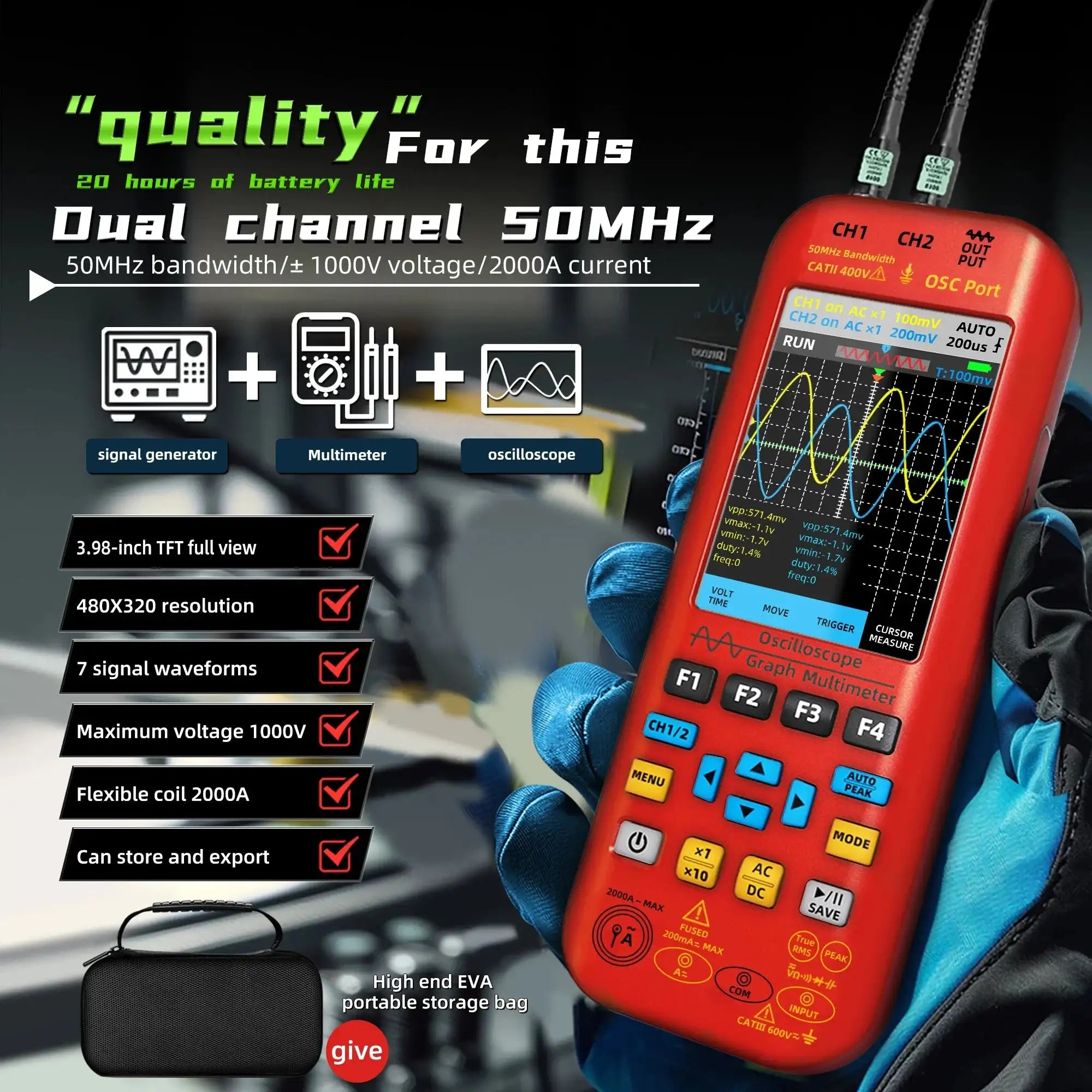 O9 Handheld Digital Oscilloscope Multimeter True RMS 280MS/s Sampling 50MHZ Bandwidth Data Storag Signal osciloscopio portatil