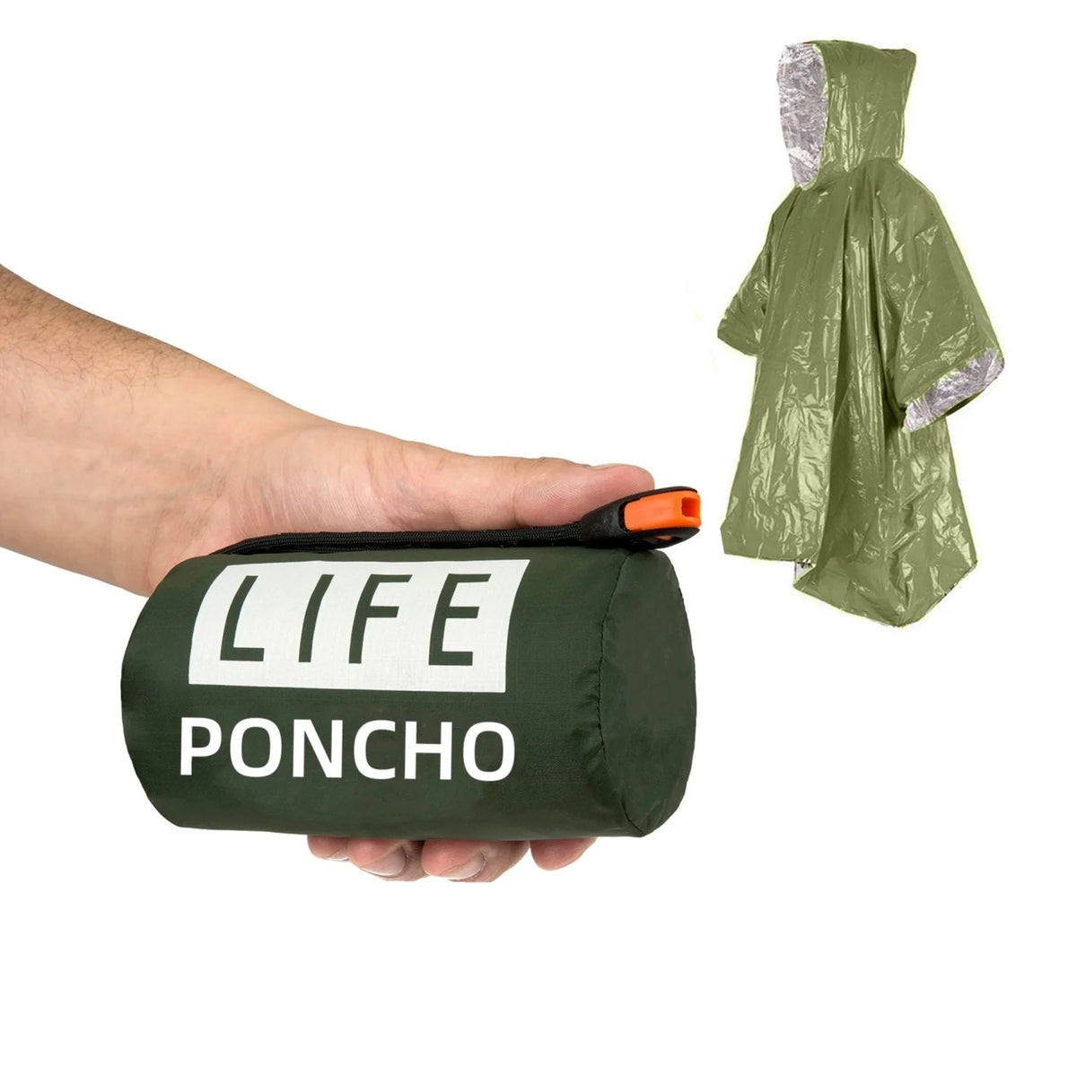 LIFE Emergency Thermal Rain Poncho with Space Blanket and Whistle green
